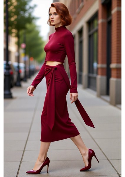 Kadın Bordo Düz Bodycon Cut Outlı Midi Örme Elbise Dik Yaka Uzun Kollu Şık Kışlık Model Kaliteli