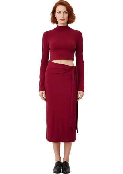 Kadın Bordo Düz Bodycon Cut Outlı Midi Örme Elbise Dik Yaka Uzun Kollu Şık Kışlık Model Kaliteli modelleri