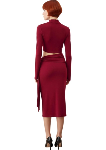 Kadın Bordo Düz Bodycon Cut Outlı Midi Örme Elbise Dik Yaka Uzun Kollu Şık Kışlık Model Kaliteli fırsatları