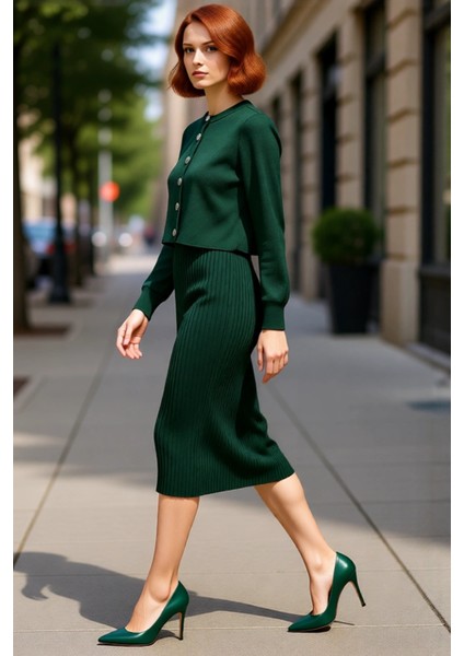 Kadın Gri Midi Bodycon Triko Elbise ve Kısa Hırka Ikili Takım Sonbahar Kış Stili Kaliteli Şık