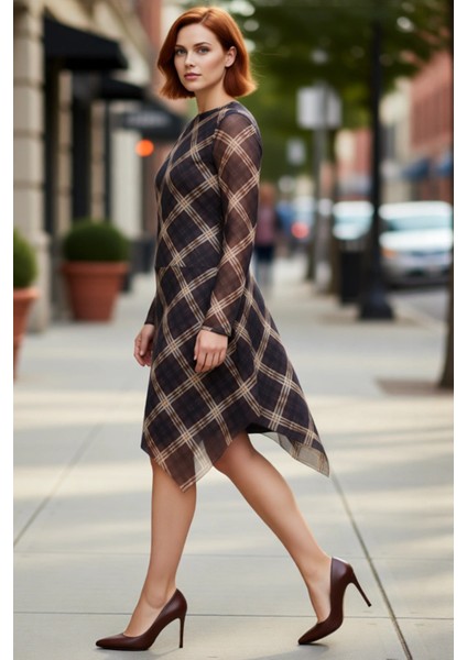 Kadın Asimetrik Kesim Örme Tül Ekose Desenli Midi Boy Uzun Kollu Elbise Günlük Şıklık Sunar