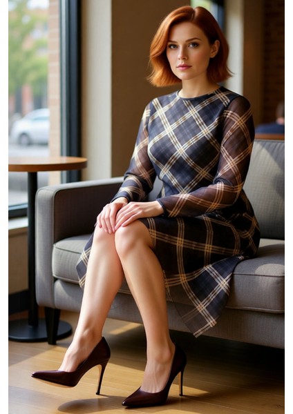 Kadın Asimetrik Kesim Örme Tül Ekose Desenli Midi Boy Uzun Kollu Elbise Günlük Şıklık Sunar fiyatları