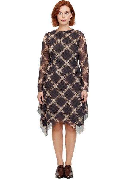 Kadın Asimetrik Kesim Örme Tül Ekose Desenli Midi Boy Uzun Kollu Elbise Günlük Şıklık Sunar modelleri