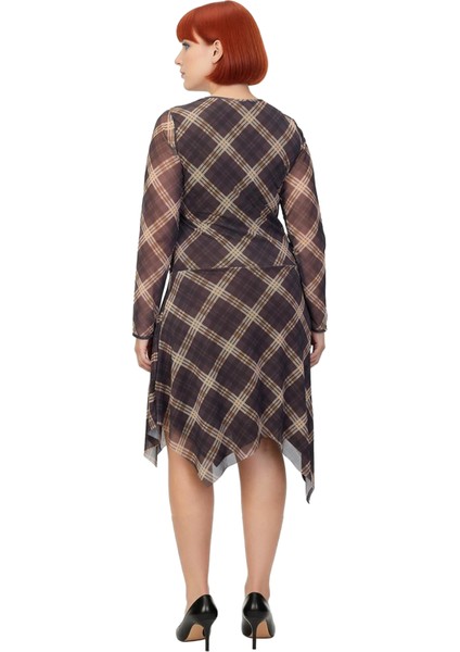 Kadın Asimetrik Kesim Örme Tül Ekose Desenli Midi Boy Uzun Kollu Elbise Günlük Şıklık Sunar fırsatları