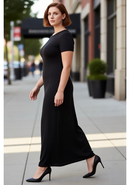 Kadın Vücuda Oturan Esnek Örme Maxi Elbise Siyah Düz Bisiklet Yaka Kısa Kollu Ilkbahar Sonbahar