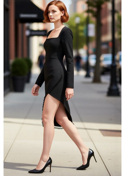 Kadın Siyah Bodycon Kare Yaka Uzun Kollu Midi Abiye Elbise Taş Aksesuarlı Şık Kokteyl ve Gece Stili