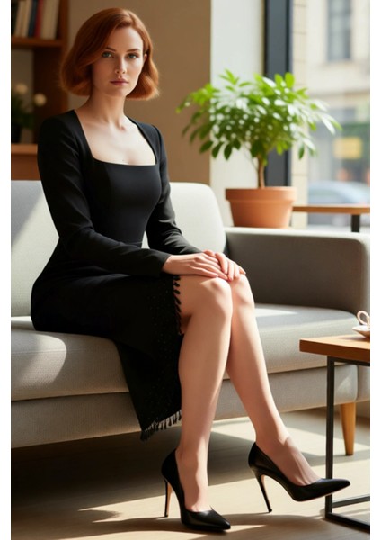 Kadın Siyah Bodycon Kare Yaka Uzun Kollu Midi Abiye Elbise Taş Aksesuarlı Şık Kokteyl ve Gece Stili fiyatları