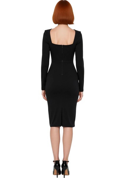 Kadın Siyah Bodycon Kare Yaka Uzun Kollu Midi Abiye Elbise Taş Aksesuarlı Şık Kokteyl ve Gece Stili fırsatları