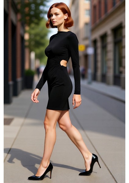 Kadın Lacivert Bodycon Kalıp Uzun Kollu Cut Out Detaylı Şık Gece Elbisesi Kış Sezonu Için Ideal