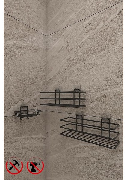 Banyo Yapışkanlı Kancalı Paslanmaz Siyah 2 Adet Düzenleyıcı Rafı Katı Sabunluk ve Bulaşık Süngerlik Seti