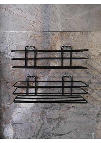 Banyo Yapışkanlı Kancalı Paslanmaz Siyah 2 Adet Düzenleyıcı Rafı Katı Sabunluk ve Bulaşık Süngerlik Seti modelleri