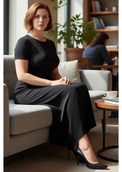 Kadın Vücuda Oturan Esnek Örme Maxi Elbise Siyah Düz Bisiklet Yaka Kısa Kollu Ilkbahar Sonbahar fiyatları