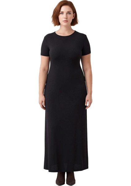 Kadın Vücuda Oturan Esnek Örme Maxi Elbise Siyah Düz Bisiklet Yaka Kısa Kollu Ilkbahar Sonbahar modelleri