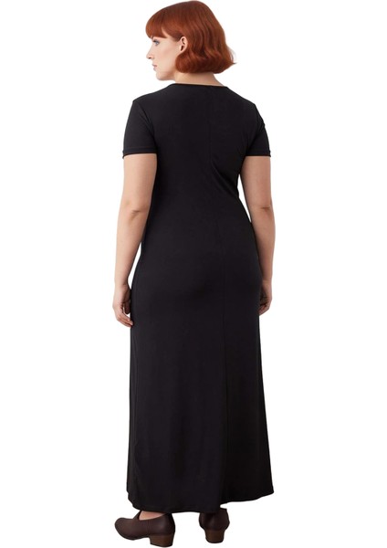 Kadın Vücuda Oturan Esnek Örme Maxi Elbise Siyah Düz Bisiklet Yaka Kısa Kollu Ilkbahar Sonbahar fırsatları