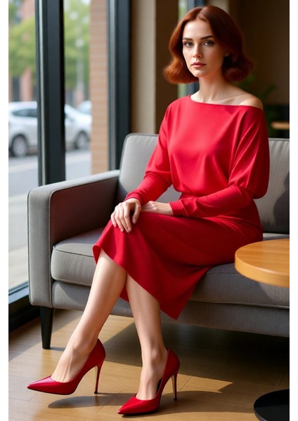 Kadın Şık Midi Bodycon Elbise Asimetrik Yaka Uzun Düşük Kol Düz Desen Yırtmaç Detaylı Örme Kışlık