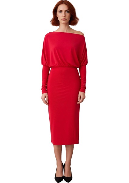 Kadın Şık Midi Bodycon Elbise Asimetrik Yaka Uzun Düşük Kol Düz Desen Yırtmaç Detaylı Örme Kışlık fiyatları