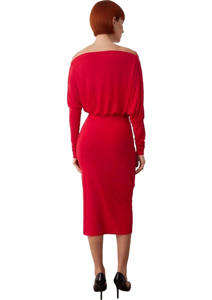 Kadın Şık Midi Bodycon Elbise Asimetrik Yaka Uzun Düşük Kol Düz Desen Yırtmaç Detaylı Örme Kışlık modelleri