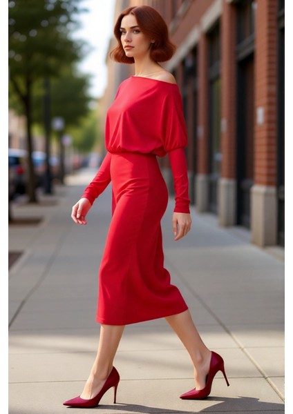 Kadın Şık Midi Bodycon Elbise Asimetrik Yaka Uzun Düşük Kol Düz Desen Yırtmaç Detaylı Örme Kışlık fırsatları