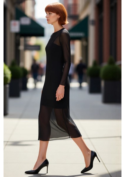 Kadın Bodycon Örme Midi Elbise Astarlı Tül Kumaş Uzun Kollu Bisiklet Yaka Desenli Şık Tasarım