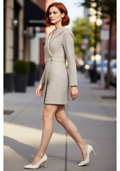 Kadın Ceket Elbise %100 Pamuk Ekose Dokuma Uzun Kollu Yakalı Kışlık Ofis Stil Kaliteli