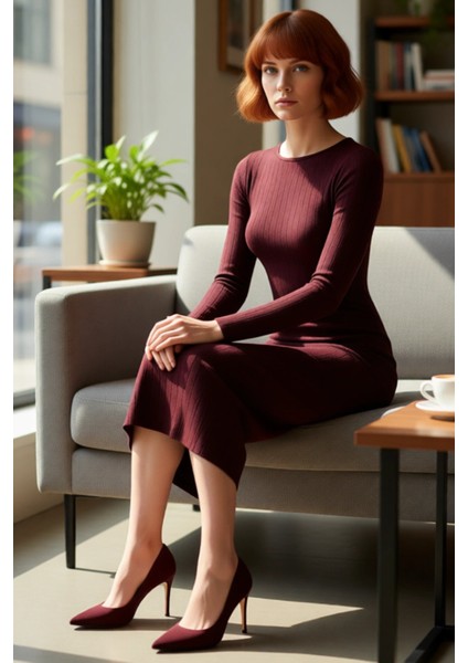 Kadın Maxi Boy Triko Merserize Görünümlü Uzun Kollu Düz Kayık Yaka Şık Rahat Elbise Sonbahar fiyatları