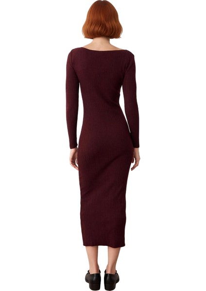 Kadın Maxi Boy Triko Merserize Görünümlü Uzun Kollu Düz Kayık Yaka Şık Rahat Elbise Sonbahar fırsatları