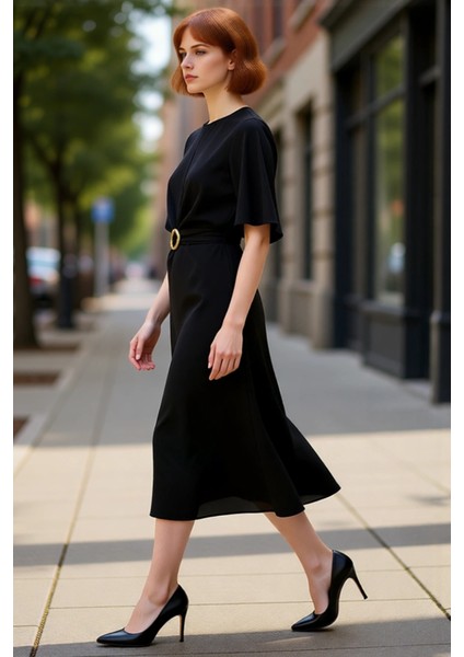 Kadın Bordo A Line Kesim Midi Boy Düz Mat Saten Dokuma Elbise Aksesuar Detaylı Şık Bisiklet Yaka