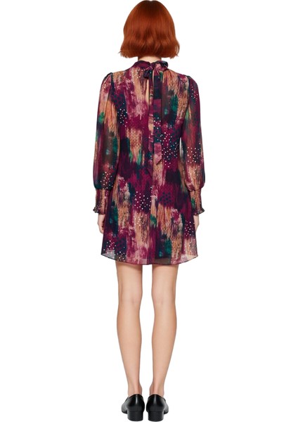 Kadınlar Için Soyut Desenli Şifon Dik Yaka Balon Kol Mini Elbise Ilkbahar Şıklığına Zarif Dokunuşlar fırsatları
