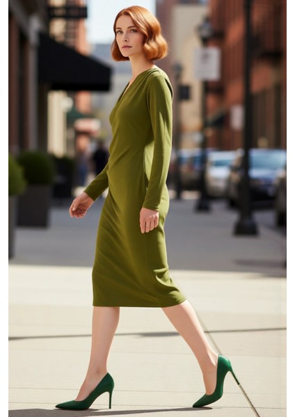 Kadın Bodycon Kruvaze V Yaka Midi Uzun Kollu Örme Scuba Krep Elbise Şık Günlük ve Özel Davetler Için