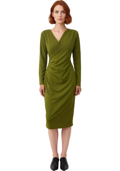 Kadın Bodycon Kruvaze V Yaka Midi Uzun Kollu Örme Scuba Krep Elbise Şık Günlük ve Özel Davetler Için modelleri