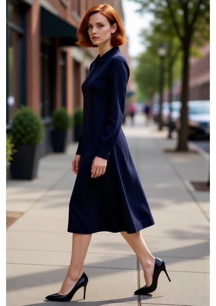 Kadın Triko Midi Polo Yaka Uzun Kollu Şık Shift Kalıp Elbise Casual ve Konforlu Günlük Kullanım Için