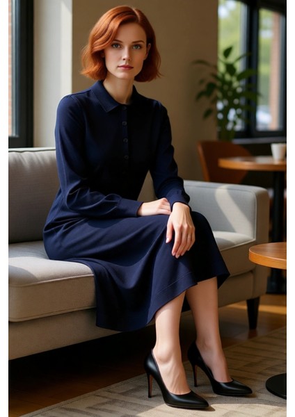 Kadın Triko Midi Polo Yaka Uzun Kollu Şık Shift Kalıp Elbise Casual ve Konforlu Günlük Kullanım Için fiyatları