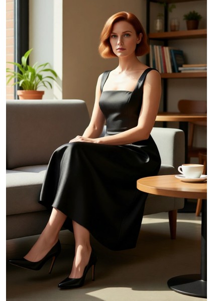 Kadın Skater Kalıp Midi Boy Saten Dokuma Kare Yaka Kokteyl Şık Mezuniyet Elbisesi Kalın Askılı fiyatları