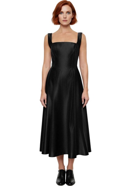 Kadın Skater Kalıp Midi Boy Saten Dokuma Kare Yaka Kokteyl Şık Mezuniyet Elbisesi Kalın Askılı modelleri