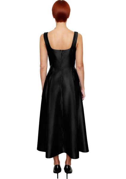 Kadın Skater Kalıp Midi Boy Saten Dokuma Kare Yaka Kokteyl Şık Mezuniyet Elbisesi Kalın Askılı fırsatları