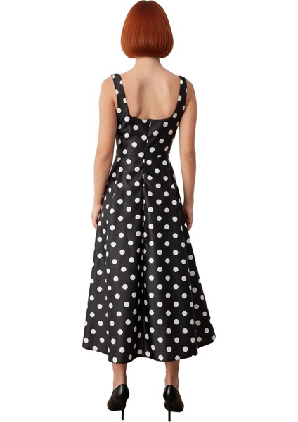 Kadın Skater Kalıp Midi Boy Saten Dokuma Kare Yaka Kokteyl Şık Mezuniyet Elbisesi Kalın Askılı fırsatları