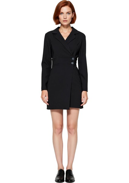 Kadın Kruvaze Ceket Yaka Mini Elbise Dokuma Kumaşıyla Smart Iş Görünümü Sunar Kaliteli modelleri