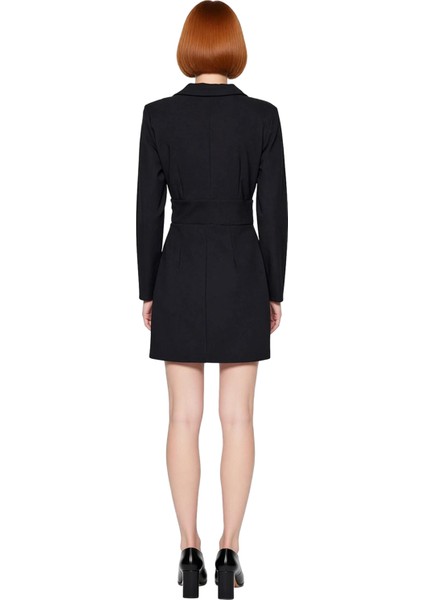 Kadın Kruvaze Ceket Yaka Mini Elbise Dokuma Kumaşıyla Smart Iş Görünümü Sunar Kaliteli fırsatları