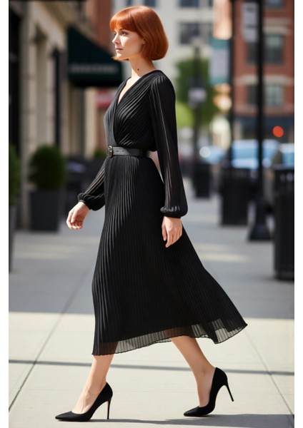 Kadın Kruvaze Yaka Piliseli A Kesim Şifon Maxi Elbise Astarlı Kemerli Uzun Kollu Şıklık Sunar