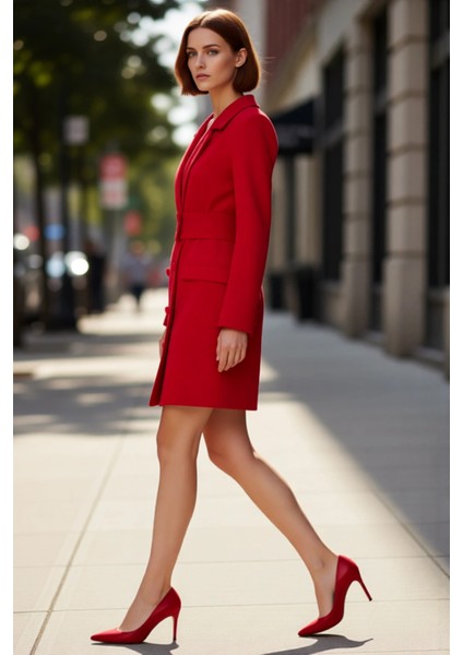 Kadın Kemerli Düğme Detaylı Ceket Yaka Uzun Kol Dokuma Mini Elbise Ofis ve Iş Hayatı Için Modern Bir