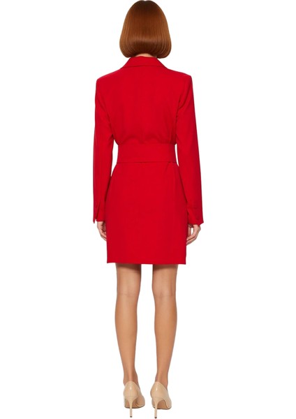 Kadın Kemerli Düğme Detaylı Ceket Yaka Uzun Kol Dokuma Mini Elbise Ofis ve Iş Hayatı Için Modern Bir fırsatları