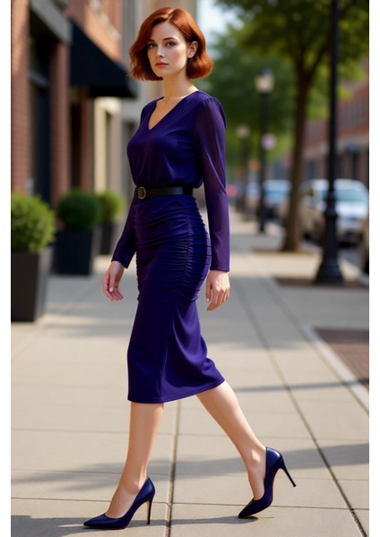 Kadın Mor Bodycon Midi Elbise V Yaka Uzun Standart Kol Düz Desen Şifon Dokuma Büzgü Detaylı