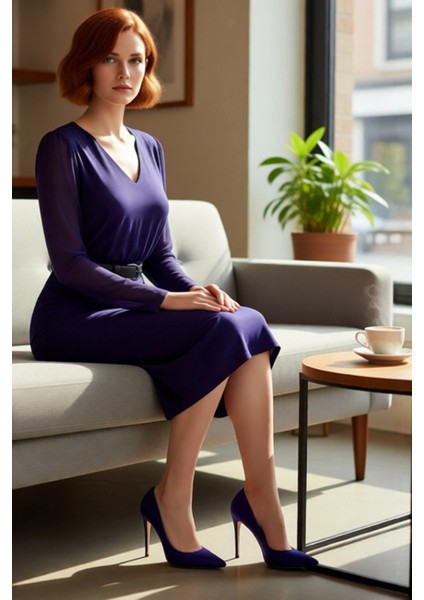 Kadın Mor Bodycon Midi Elbise V Yaka Uzun Standart Kol Düz Desen Şifon Dokuma Büzgü Detaylı fiyatları