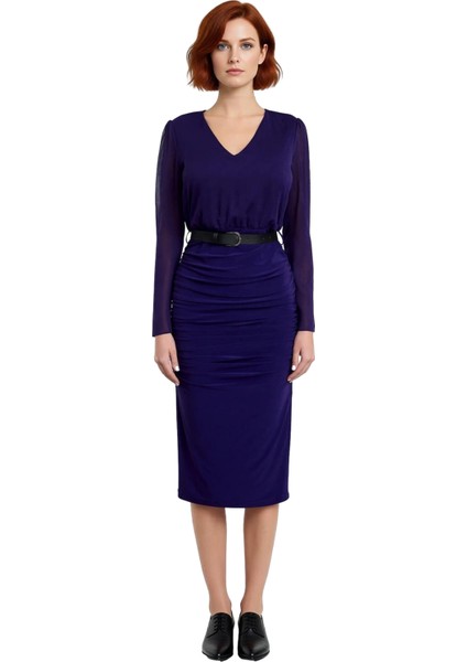 Kadın Mor Bodycon Midi Elbise V Yaka Uzun Standart Kol Düz Desen Şifon Dokuma Büzgü Detaylı modelleri
