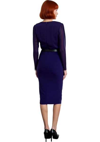 Kadın Mor Bodycon Midi Elbise V Yaka Uzun Standart Kol Düz Desen Şifon Dokuma Büzgü Detaylı fırsatları