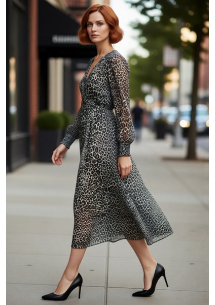 Kadın V Yaka Uzun Kol Soyut Desenli Midi Şifon Elbise Feminine Skater Kalıp Kış Sezonu Şıklığı