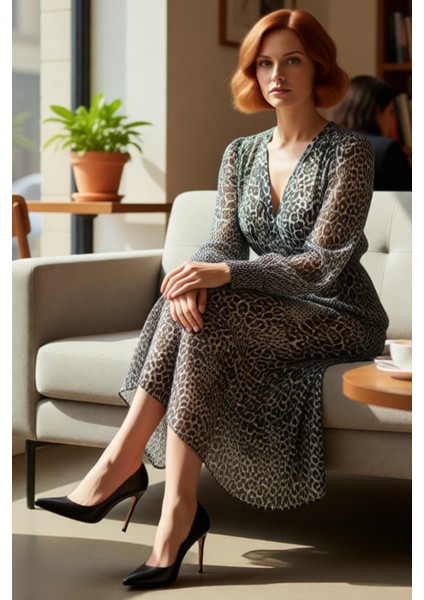 Kadın V Yaka Uzun Kol Soyut Desenli Midi Şifon Elbise Feminine Skater Kalıp Kış Sezonu Şıklığı fiyatları