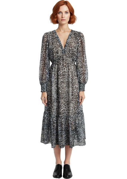 Kadın V Yaka Uzun Kol Soyut Desenli Midi Şifon Elbise Feminine Skater Kalıp Kış Sezonu Şıklığı modelleri