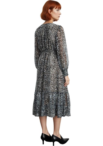 Kadın V Yaka Uzun Kol Soyut Desenli Midi Şifon Elbise Feminine Skater Kalıp Kış Sezonu Şıklığı fırsatları