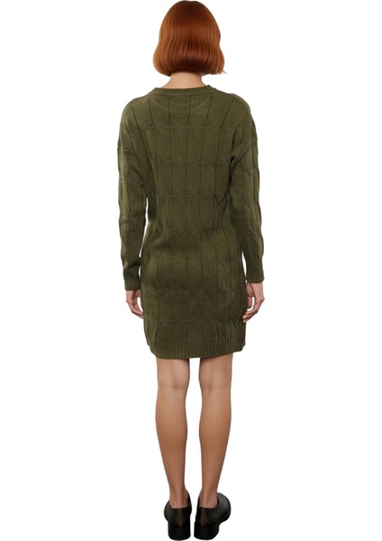 Kadın Saç Örgü Desenli Shift Kalıp Uzun Kol Bisiklet Yaka Mini Triko Elbise Şık ve Konforlu fırsatları